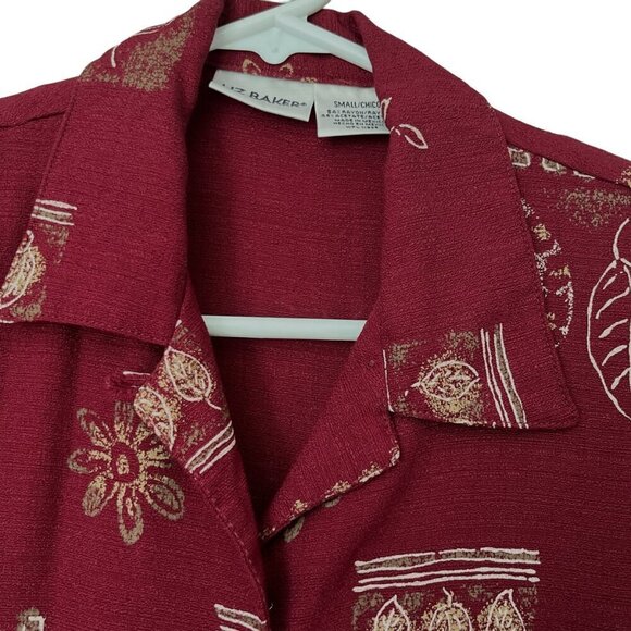 Liz Baker Womens Short Sleeve Button Up Top Sz S Maroon Botanical Island Resort - Picture 3 of 8